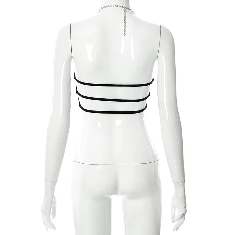 BOOFEENAA Metal Chain Cut Out Sexy Halter Top Cyber Y2k Fashion Backless Tanks Camis Club Wear Black Crop Tops C85-BE10