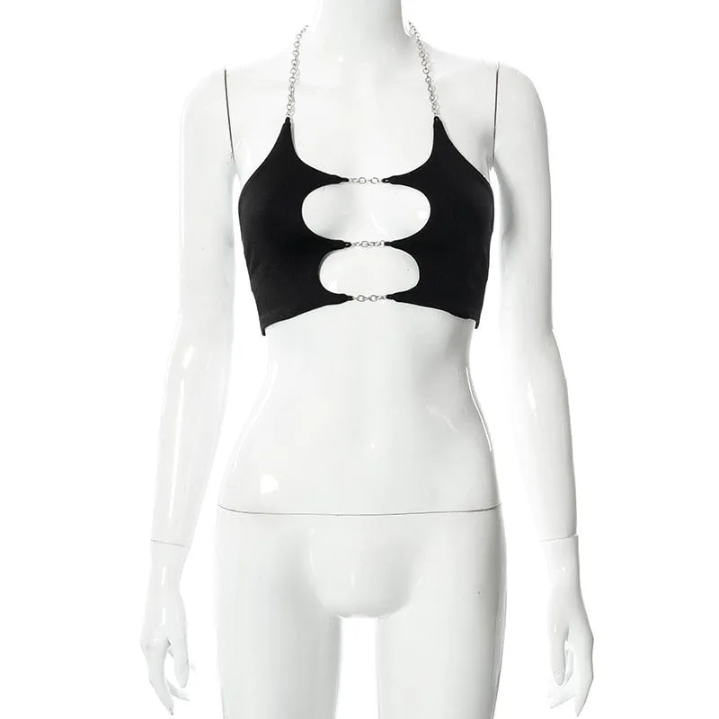 BOOFEENAA Metal Chain Cut Out Sexy Halter Top Cyber Y2k Fashion Backless Tanks Camis Club Wear Black Crop Tops C85-BE10