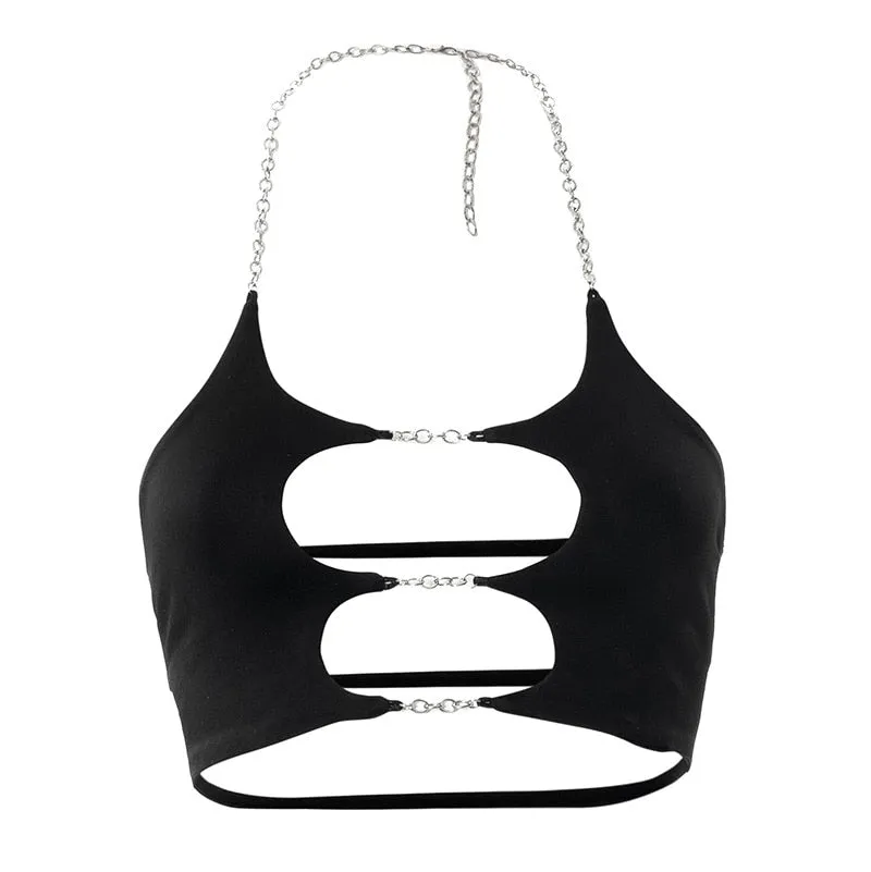 BOOFEENAA Metal Chain Cut Out Sexy Halter Top Cyber Y2k Fashion Backless Tanks Camis Club Wear Black Crop Tops C85-BE10