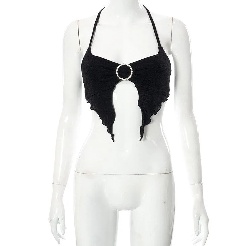 BOOFEENAA Sexy Black Crop Top Summer Clothes for Women Irregular Rhinestone O Ring Bralette Halter Top Camisole C85-AH10