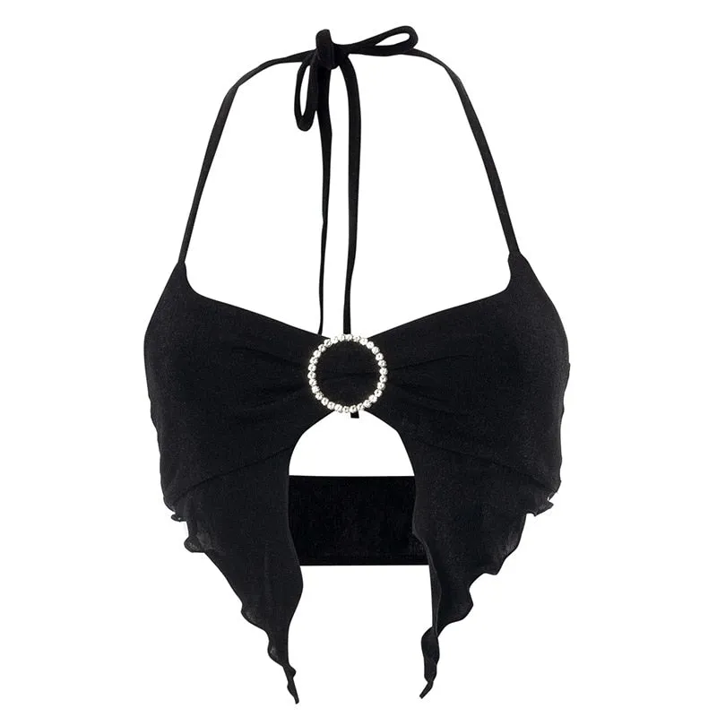 BOOFEENAA Sexy Black Crop Top Summer Clothes for Women Irregular Rhinestone O Ring Bralette Halter Top Camisole C85-AH10