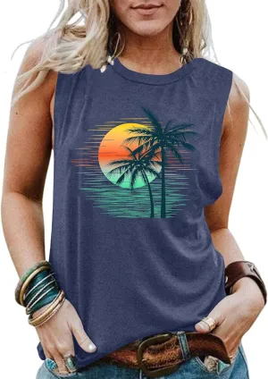Bring On The Sunshine O-Neck Tank Tops Women Seaside Sunshine Graphic Printed Casual Loose Tops Summer Holiday Tanks