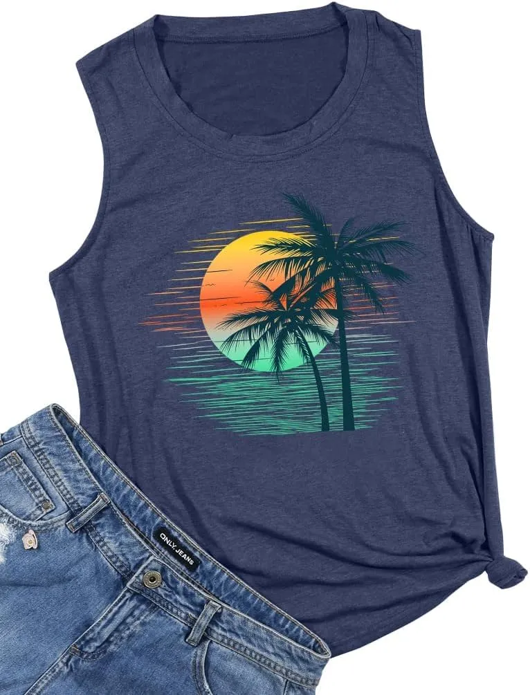 Bring On The Sunshine O-Neck Tank Tops Women Seaside Sunshine Graphic Printed Casual Loose Tops Summer Holiday Tanks