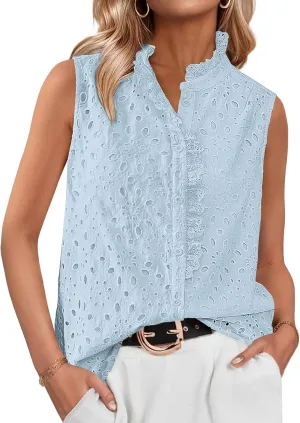 BTFBM Women's Sleeveless Button Down Shirts Ruffle V Neck Casual Hollow Out Eyelet Tops Boho Summer Vacation Blouse 2025
