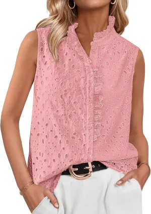 BTFBM Women's Sleeveless Button Down Shirts Ruffle V Neck Casual Hollow Out Eyelet Tops Boho Summer Vacation Blouse 2025