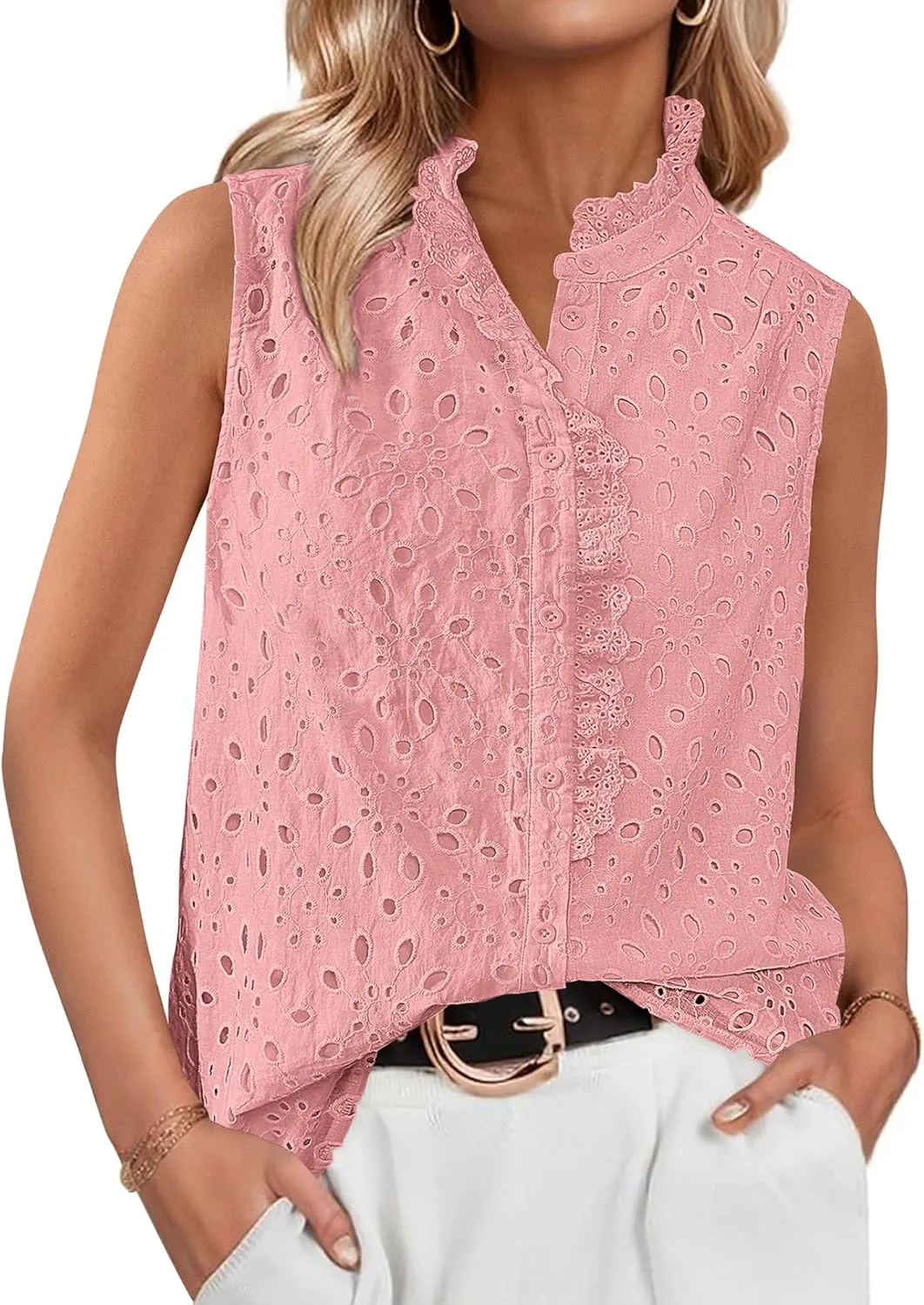 BTFBM Women's Sleeveless Button Down Shirts Ruffle V Neck Casual Hollow Out Eyelet Tops Boho Summer Vacation Blouse 2025