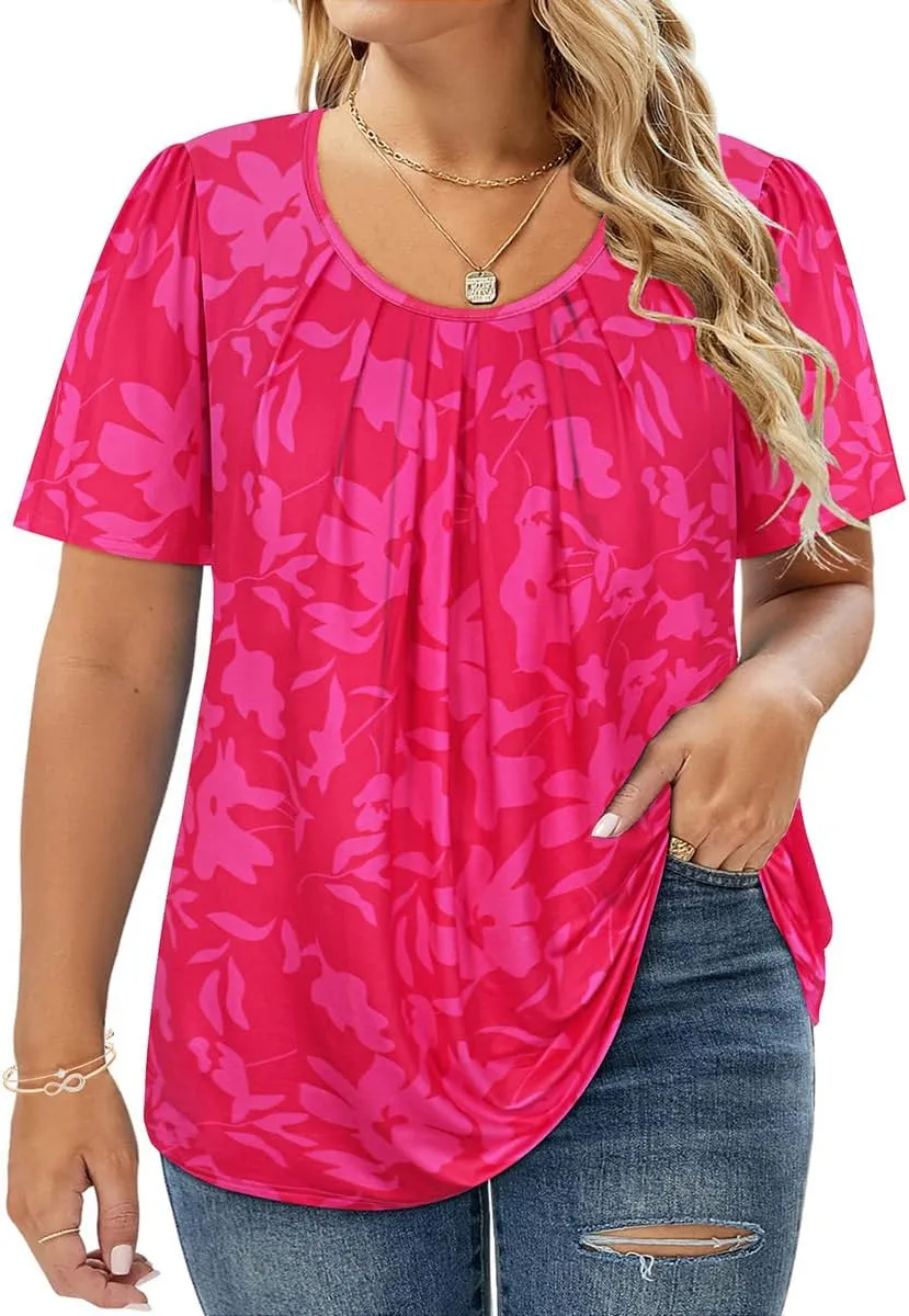 CARCOS Womens Plus Size Tops Summer Pleated Flowy Shirts Short Sleeve Crewneck Tunic Tops Casual Solid/Floral/Tie Dye XL-5XL