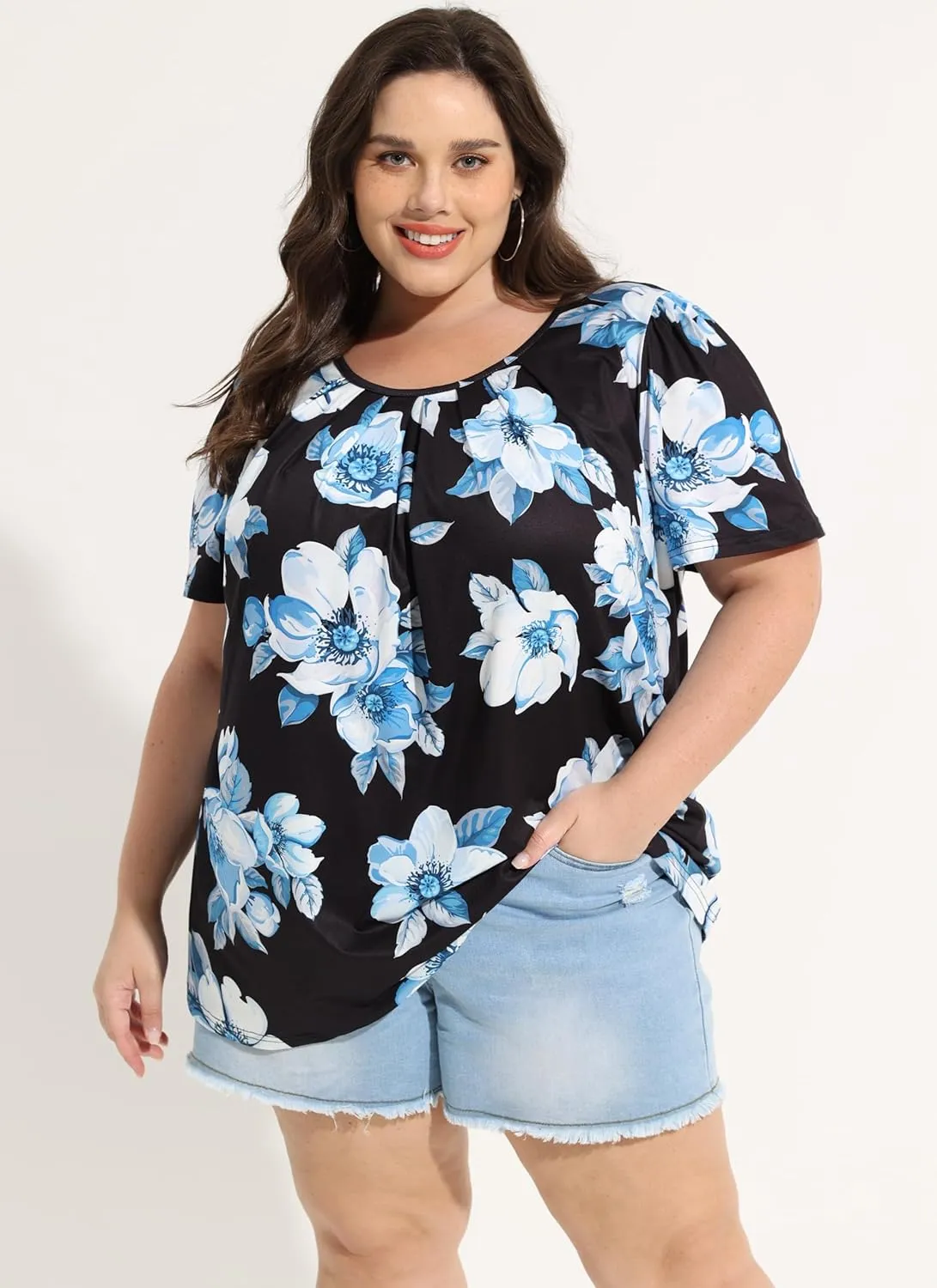 CARCOS Womens Plus Size Tops Summer Pleated Flowy Shirts Short Sleeve Crewneck Tunic Tops Casual Solid/Floral/Tie Dye XL-5XL