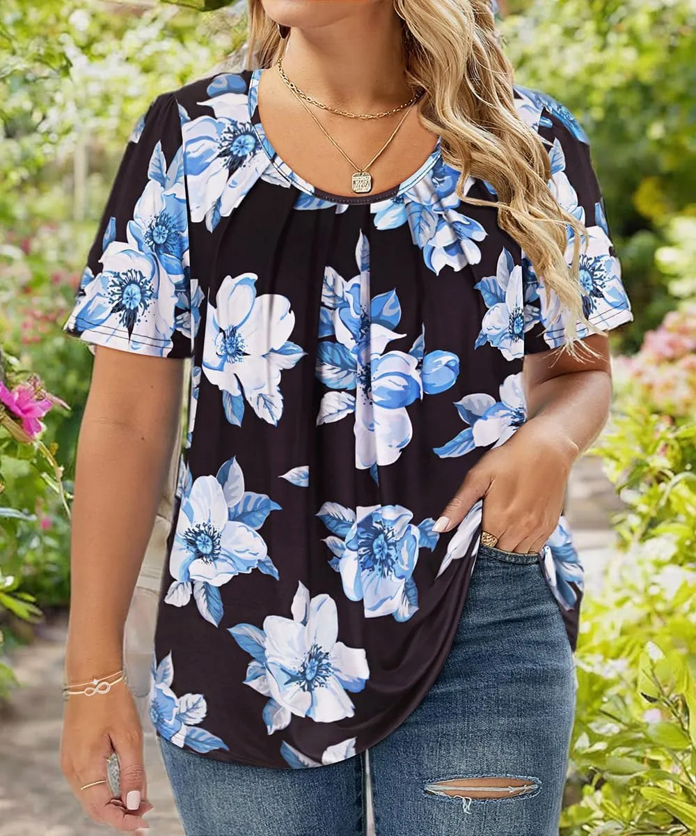 CARCOS Womens Plus Size Tops Summer Pleated Flowy Shirts Short Sleeve Crewneck Tunic Tops Casual Solid/Floral/Tie Dye XL-5XL