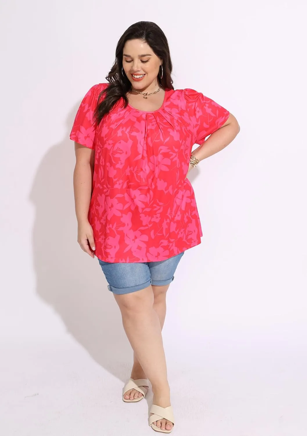 CARCOS Womens Plus Size Tops Summer Pleated Flowy Shirts Short Sleeve Crewneck Tunic Tops Casual Solid/Floral/Tie Dye XL-5XL