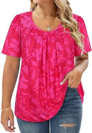 CARCOS Womens Plus Size Tops Summer Pleated Flowy Shirts Short Sleeve Crewneck Tunic Tops Casual Solid/Floral/Tie Dye XL-5XL