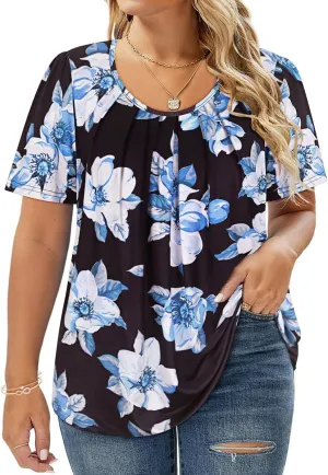 CARCOS Womens Plus Size Tops Summer Pleated Flowy Shirts Short Sleeve Crewneck Tunic Tops Casual Solid/Floral/Tie Dye XL-5XL