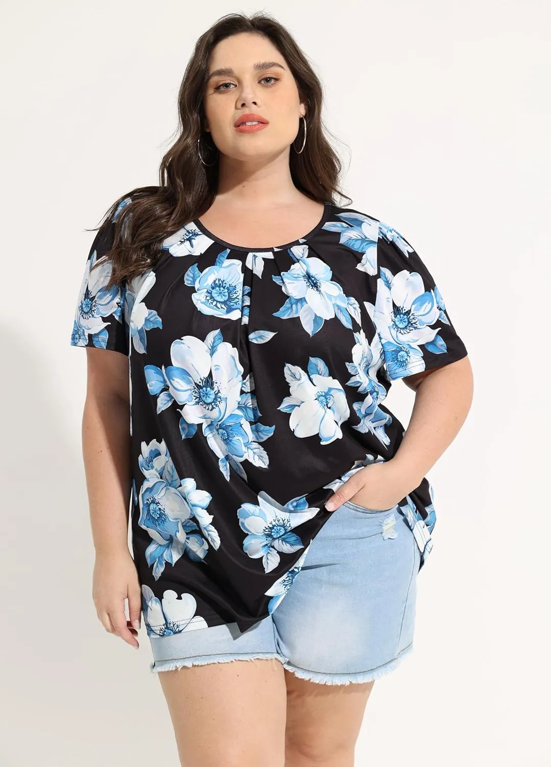 CARCOS Womens Plus Size Tops Summer Pleated Flowy Shirts Short Sleeve Crewneck Tunic Tops Casual Solid/Floral/Tie Dye XL-5XL