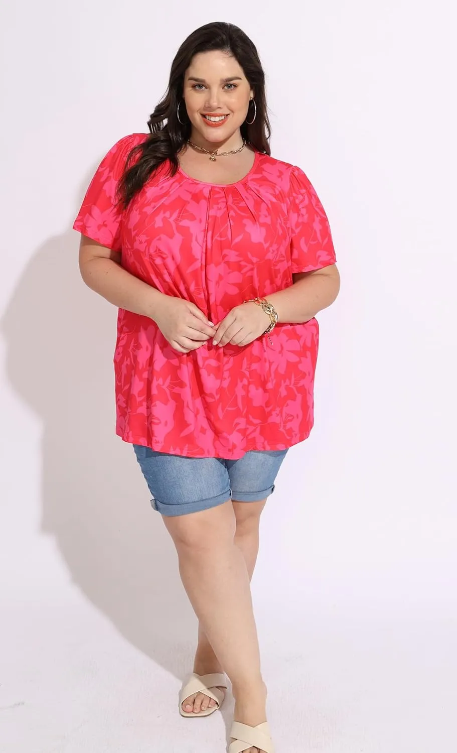 CARCOS Womens Plus Size Tops Summer Pleated Flowy Shirts Short Sleeve Crewneck Tunic Tops Casual Solid/Floral/Tie Dye XL-5XL