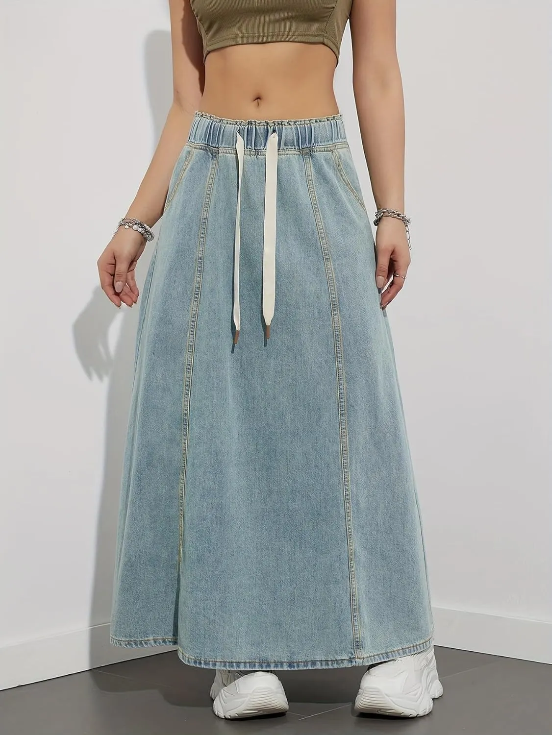 chouyatou Women's Casual Paperbag Elastic High Waist A Line Long Maxi Flare Denim Skirt
