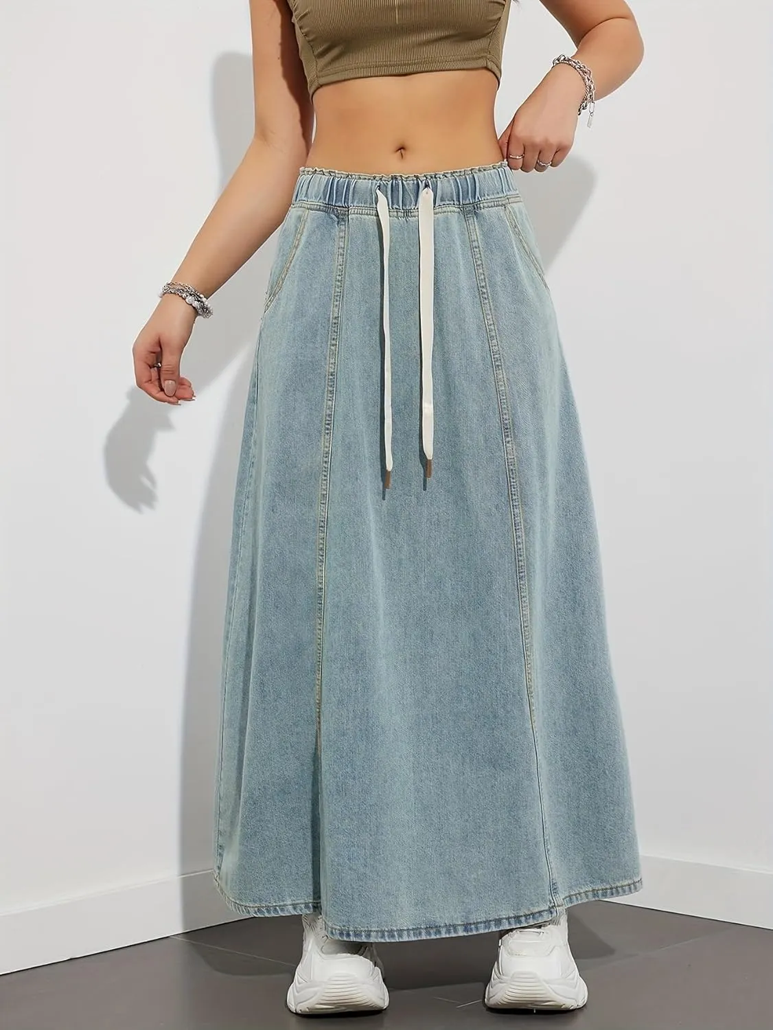 chouyatou Women's Casual Paperbag Elastic High Waist A Line Long Maxi Flare Denim Skirt