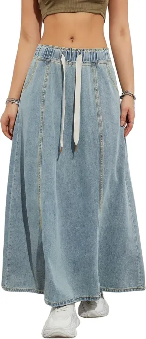 chouyatou Women's Casual Paperbag Elastic High Waist A Line Long Maxi Flare Denim Skirt