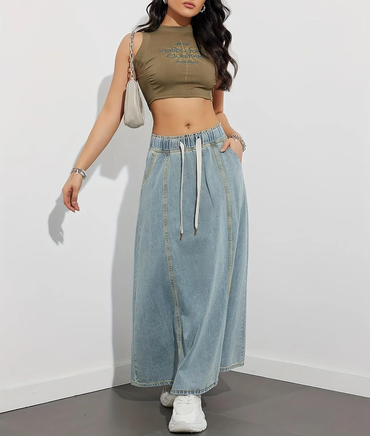 chouyatou Women's Casual Paperbag Elastic High Waist A Line Long Maxi Flare Denim Skirt