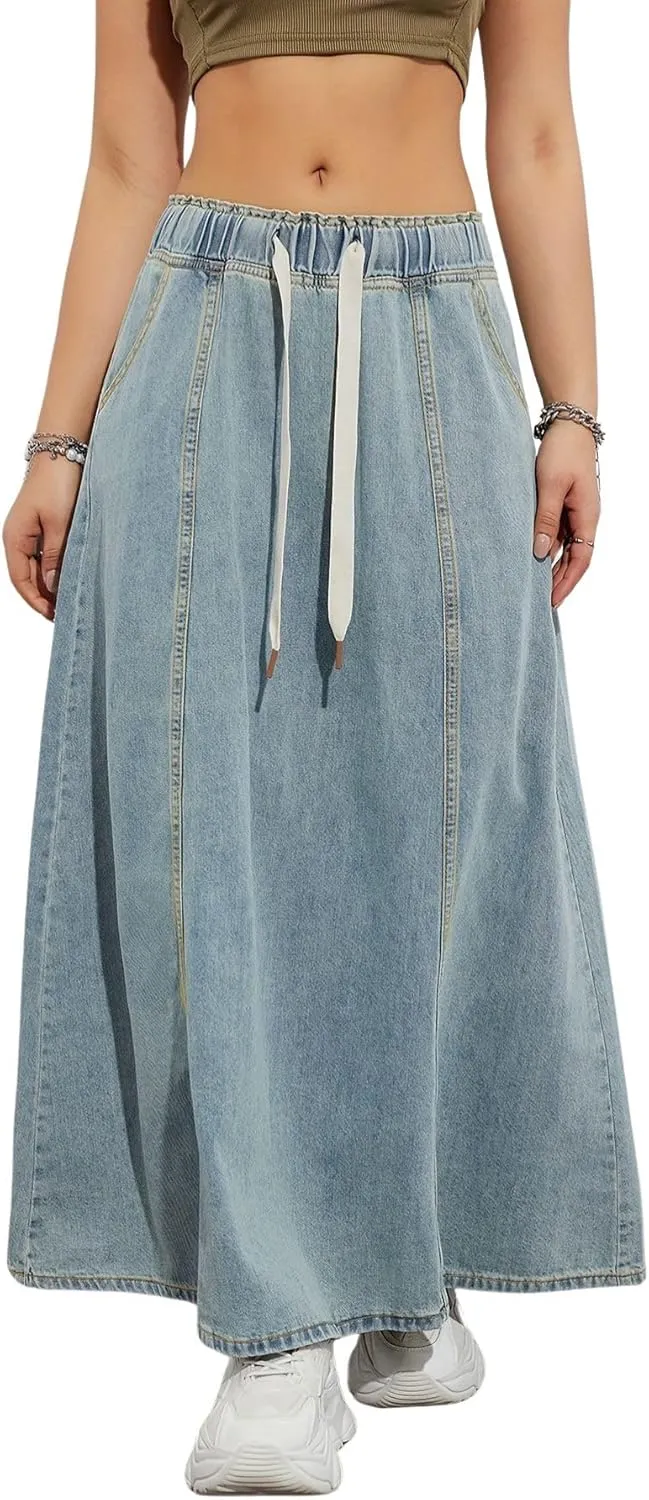 chouyatou Women's Casual Paperbag Elastic High Waist A Line Long Maxi Flare Denim Skirt