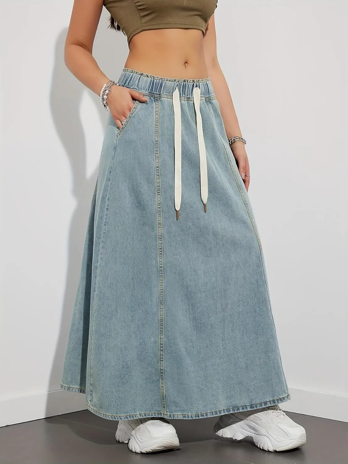 chouyatou Women's Casual Paperbag Elastic High Waist A Line Long Maxi Flare Denim Skirt