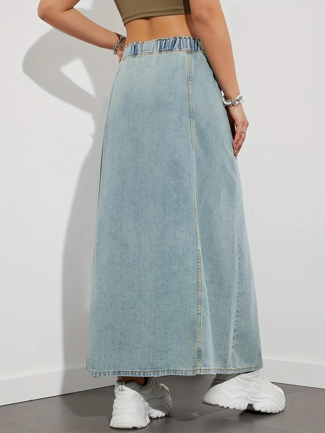 chouyatou Women's Casual Paperbag Elastic High Waist A Line Long Maxi Flare Denim Skirt