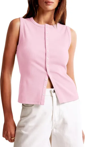 Cioatin Women Ribbed Button Down Tank Tops Sleeveless Crew Neck Slim Fit Open Front Crop Vest Going Out Y2K Clothes