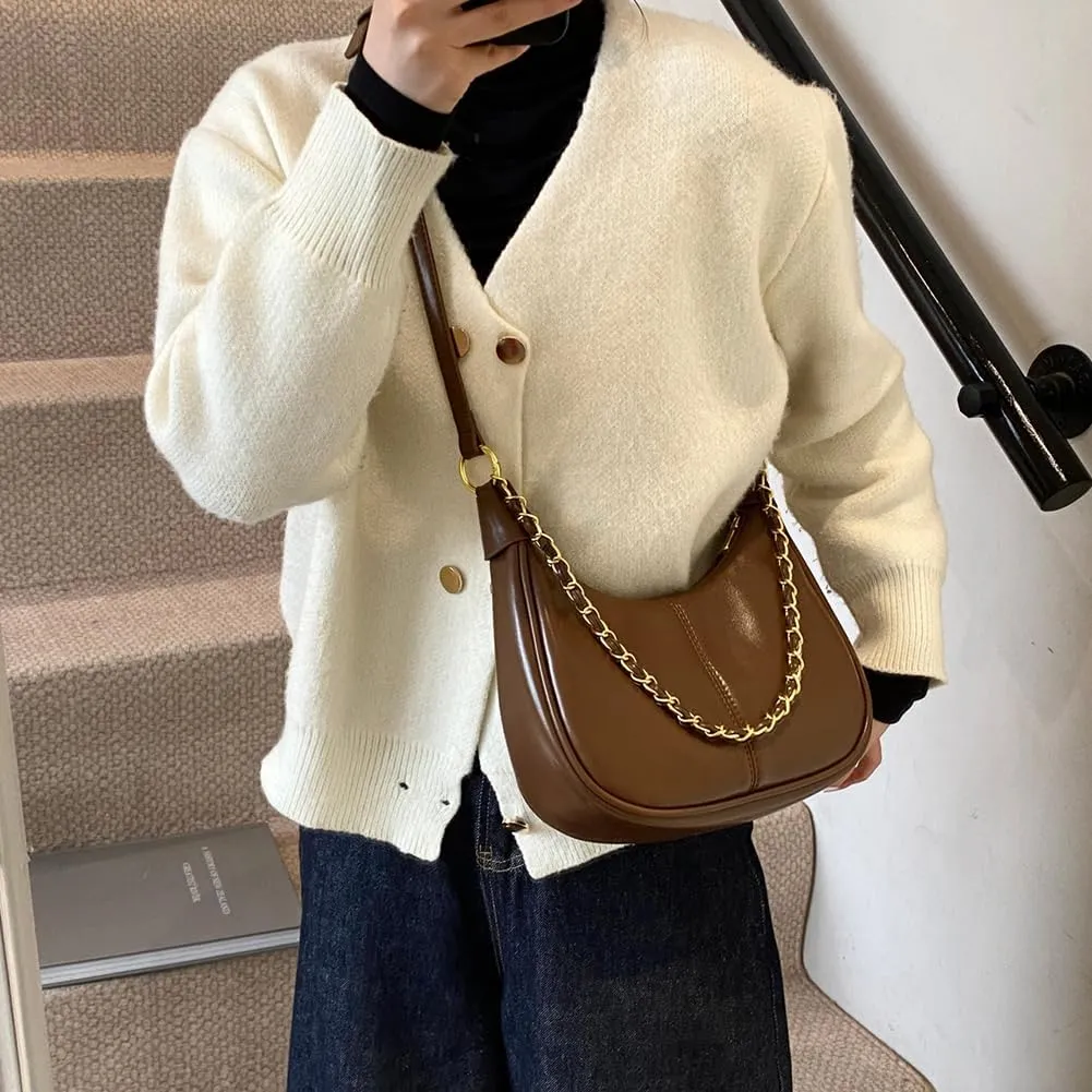 Crescent Shoulder Bag Half Moon Crossbody Bag for Women Medium PU Retro Shoulder Purse with Chainstrap Underarm Hobo HandBags