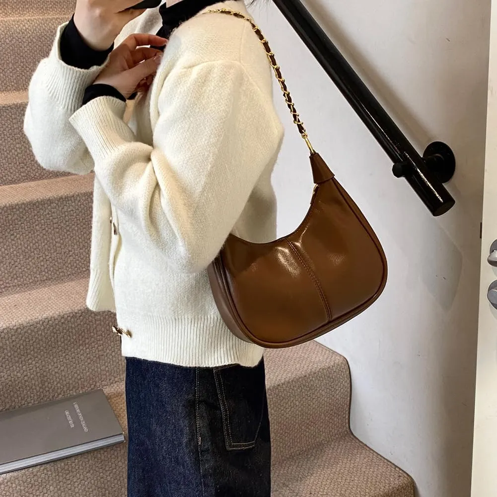 Crescent Shoulder Bag Half Moon Crossbody Bag for Women Medium PU Retro Shoulder Purse with Chainstrap Underarm Hobo HandBags