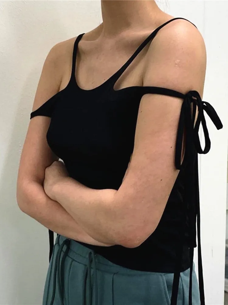 Cryptographic Tie It Up Summer Sexy Cami Crop Top for Women Sleeveless Backless Bandage Cut Out Hot Vest Top Basic Streetwear