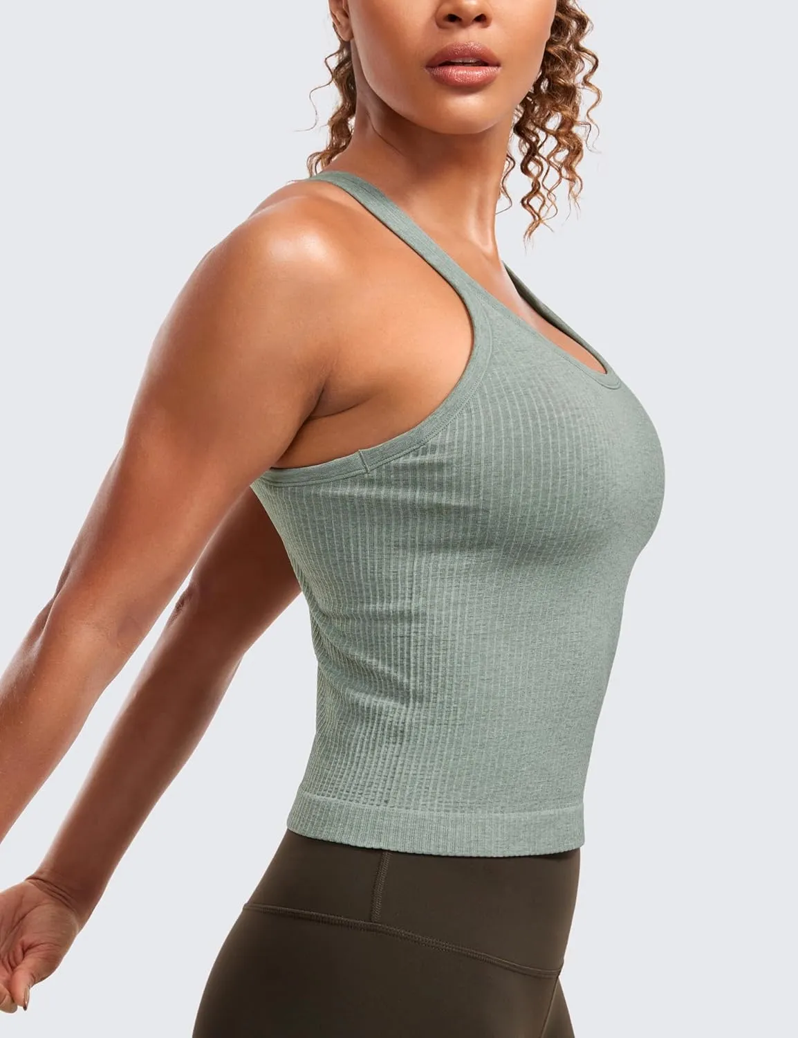 CRZ YOGA Seamless Ribbed Womens Tank Top Racerback Camisoles with Built in Bra Padded Scoop Neck Athletic Workout Slim Cami