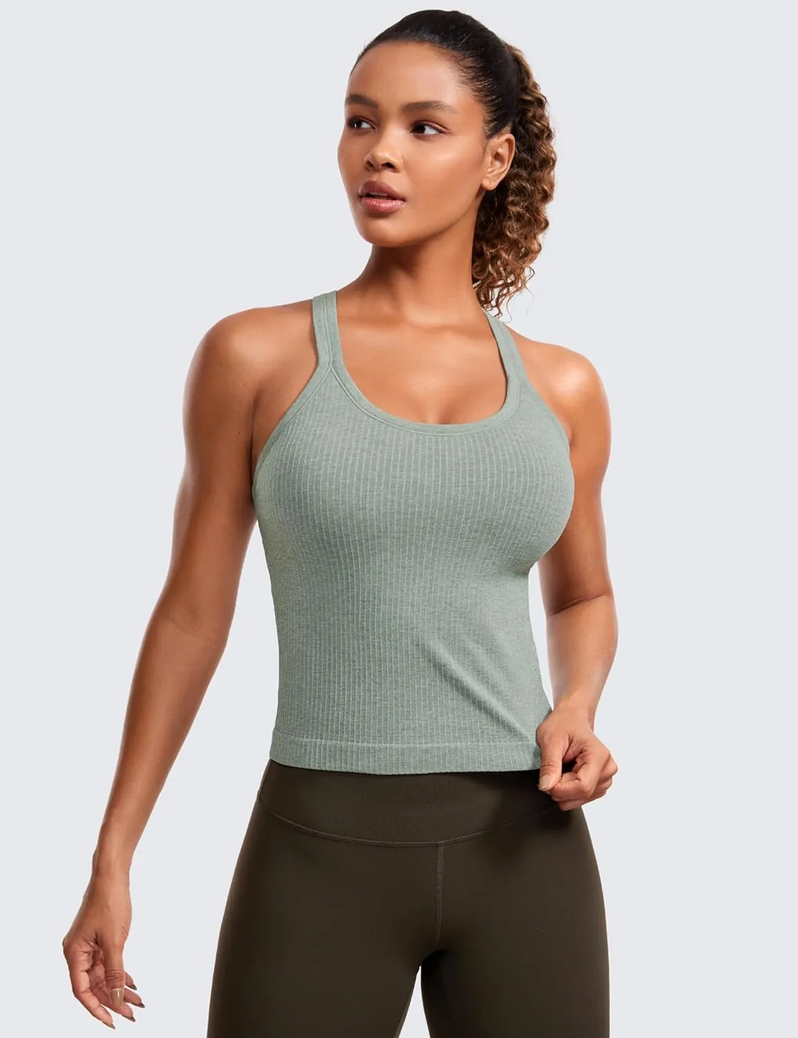 CRZ YOGA Seamless Ribbed Womens Tank Top Racerback Camisoles with Built in Bra Padded Scoop Neck Athletic Workout Slim Cami