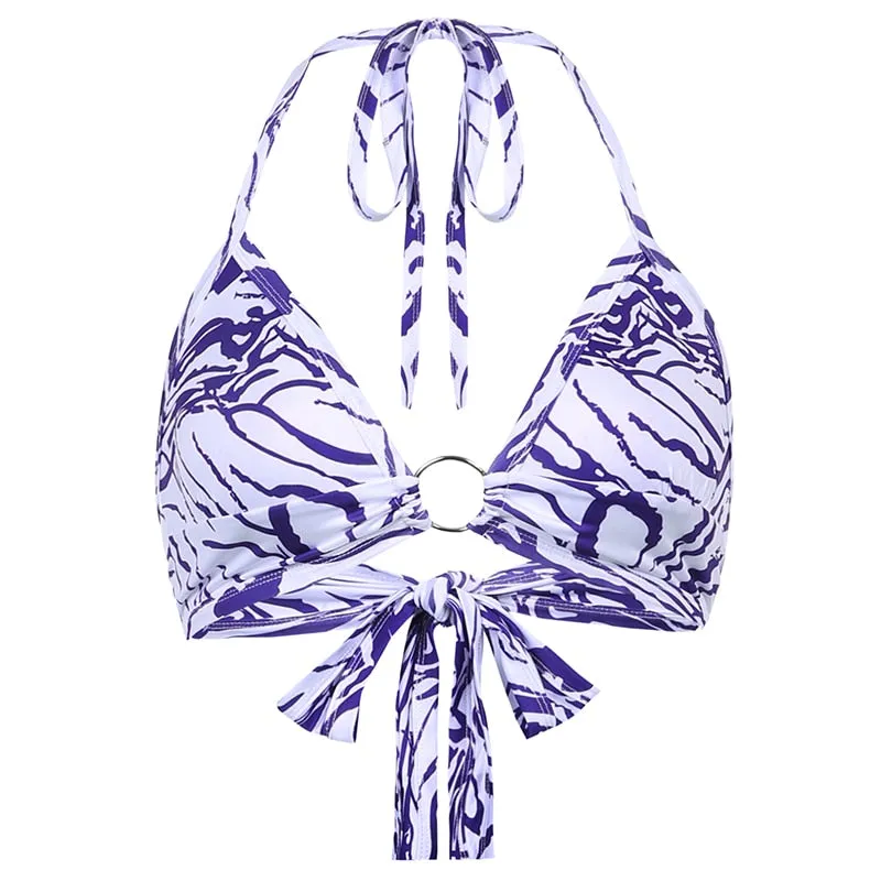 Darlingaga Streetwear Tie Dye V Neck Lace Up Halter Top Women Camis Backless Ring Sexy Top Summer Bralette Beach Crop Tops Short