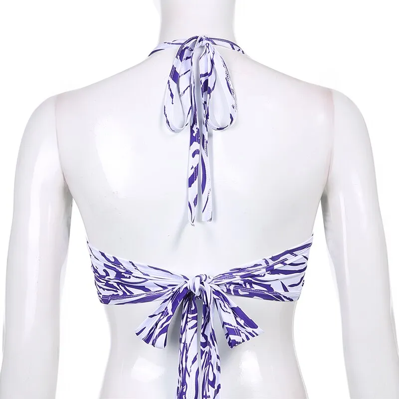 Darlingaga Streetwear Tie Dye V Neck Lace Up Halter Top Women Camis Backless Ring Sexy Top Summer Bralette Beach Crop Tops Short