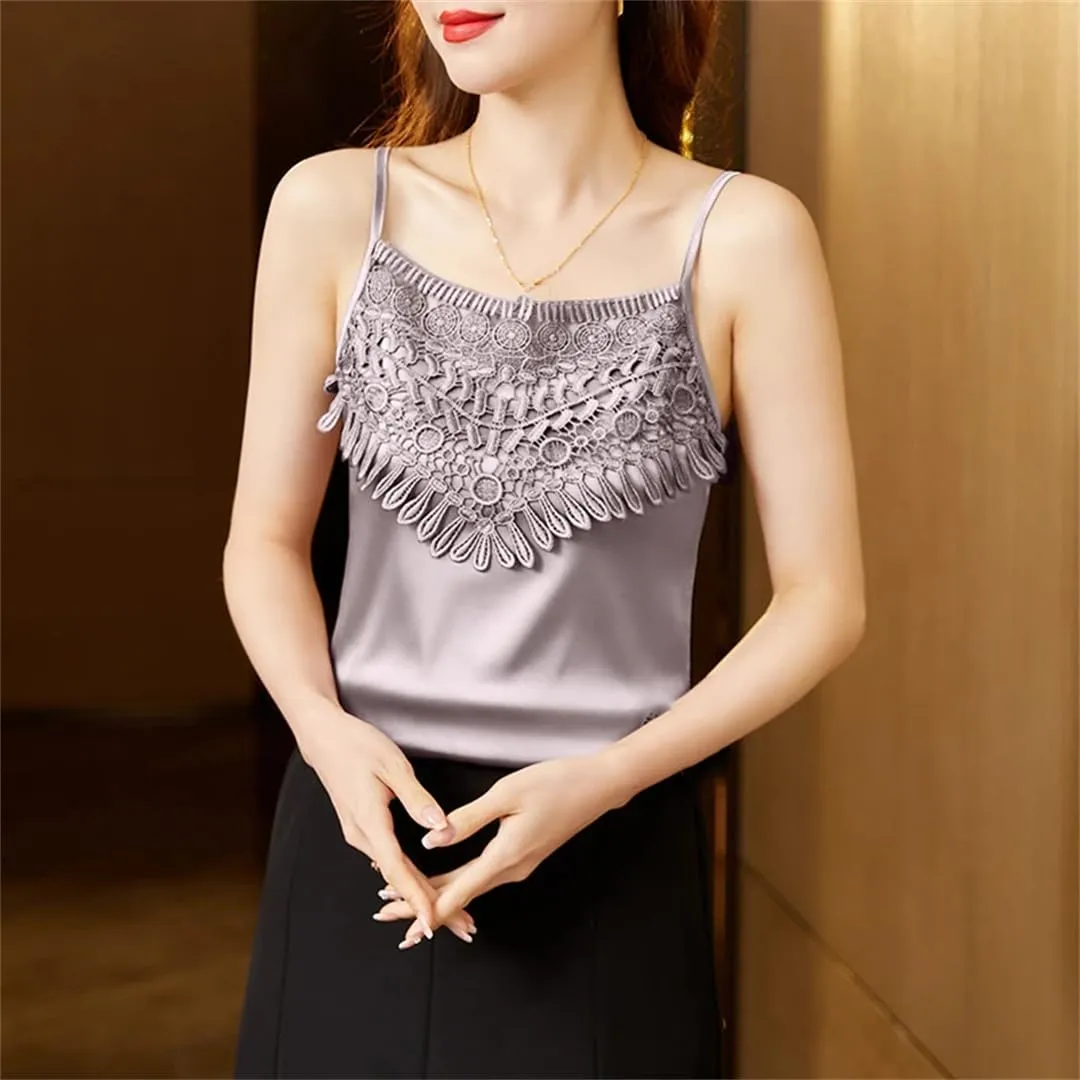 Dbdkejj Women Summer Sleeveless Camisole Patchwork Lace Hollow Tops