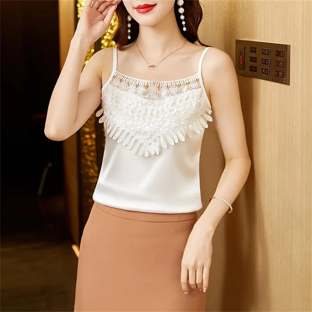 Dbdkejj Women Summer Sleeveless Camisole Patchwork Lace Hollow Tops