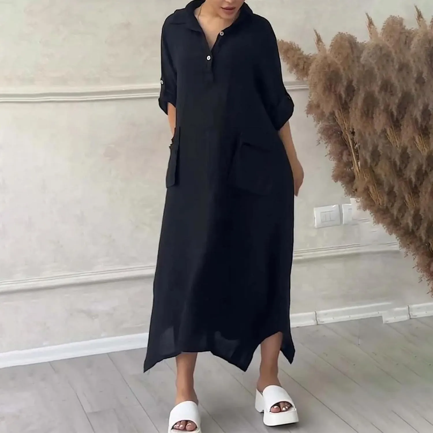 Dresses for Women Long Sleeve Cotton Linen Oversized Loose Dresses Casual Henley Button Down Flowy Dresses Fall 2024