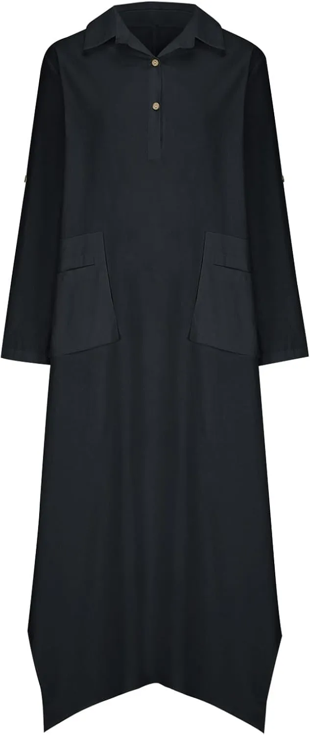 Dresses for Women Long Sleeve Cotton Linen Oversized Loose Dresses Casual Henley Button Down Flowy Dresses Fall 2024