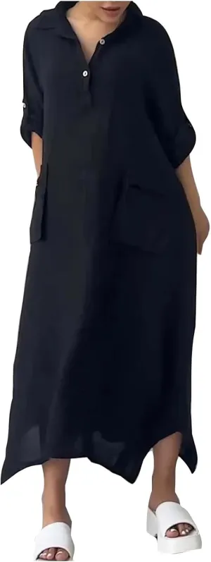 Dresses for Women Long Sleeve Cotton Linen Oversized Loose Dresses Casual Henley Button Down Flowy Dresses Fall 2024
