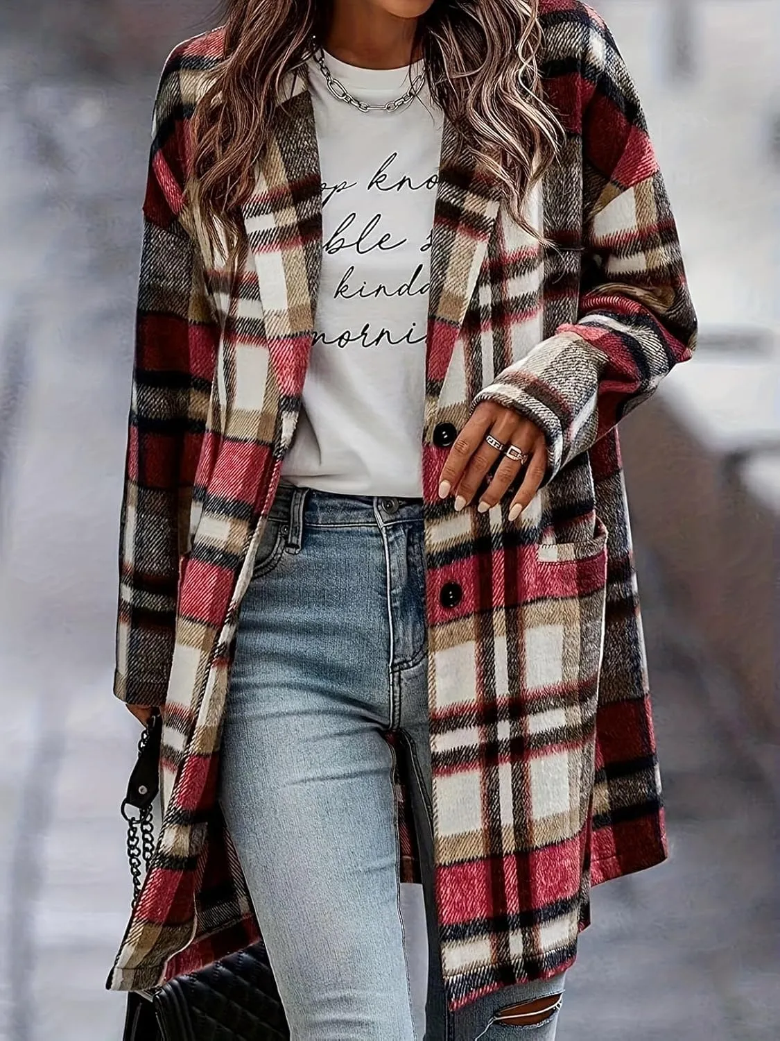 ebossy Women's Fall Casual Plaid Shacket Jacket Plus Size Notch Lapel Long Sleeve Button Up Trench Coat