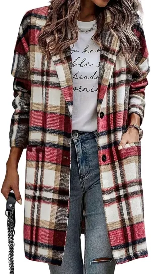 ebossy Women's Fall Casual Plaid Shacket Jacket Plus Size Notch Lapel Long Sleeve Button Up Trench Coat