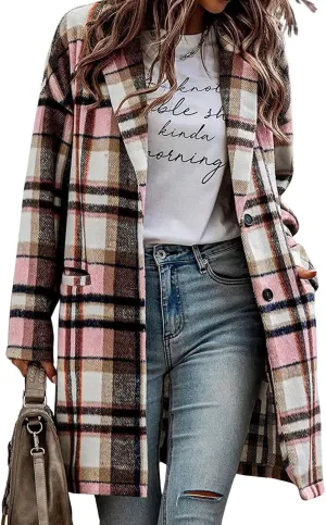 ebossy Women's Fall Casual Plaid Shacket Jacket Plus Size Notch Lapel Long Sleeve Button Up Trench Coat