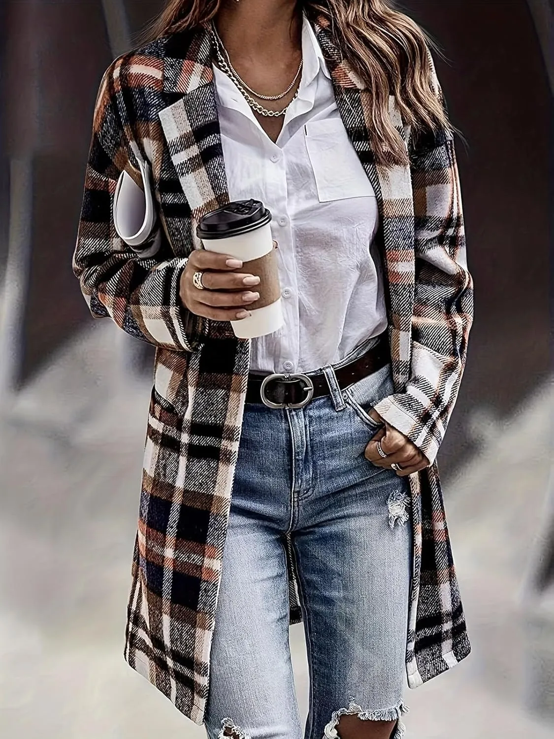 ebossy Women's Fall Casual Plaid Shacket Jacket Plus Size Notch Lapel Long Sleeve Button Up Trench Coat