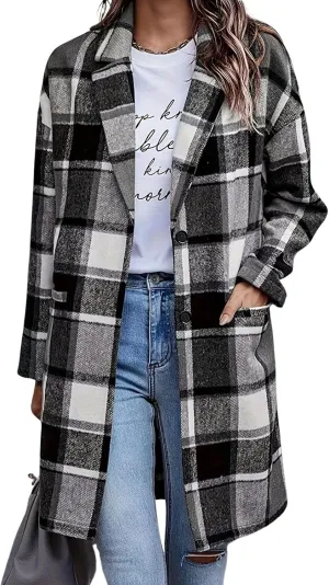 ebossy Women's Fall Casual Plaid Shacket Jacket Plus Size Notch Lapel Long Sleeve Button Up Trench Coat