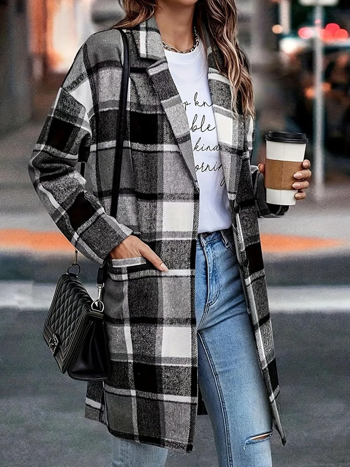 ebossy Women's Fall Casual Plaid Shacket Jacket Plus Size Notch Lapel Long Sleeve Button Up Trench Coat