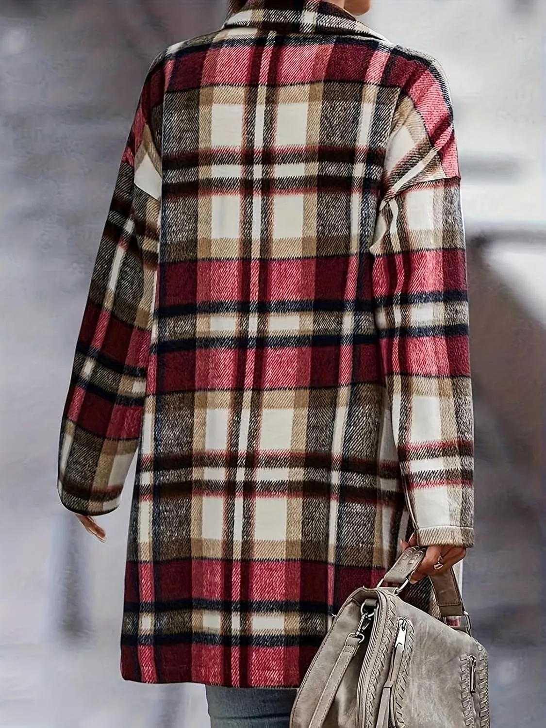 ebossy Women's Fall Casual Plaid Shacket Jacket Plus Size Notch Lapel Long Sleeve Button Up Trench Coat