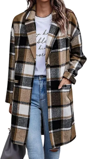 ebossy Women's Fall Casual Plaid Shacket Jacket Plus Size Notch Lapel Long Sleeve Button Up Trench Coat