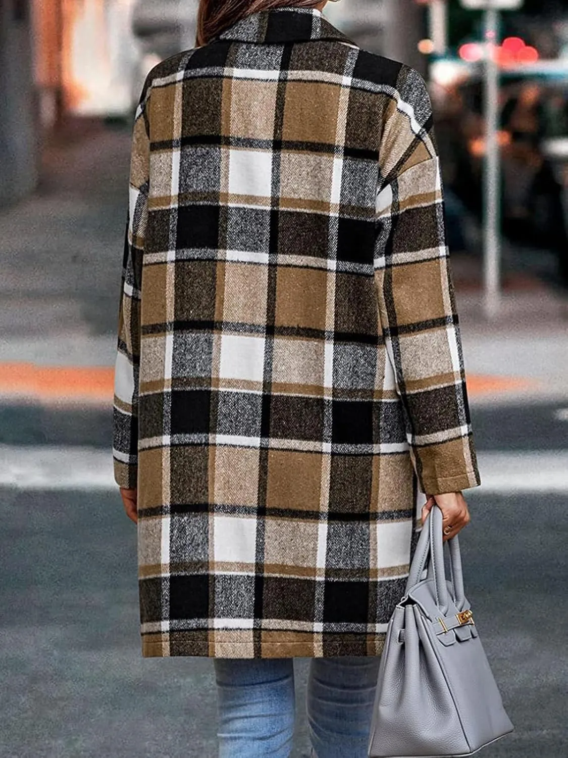 ebossy Women's Fall Casual Plaid Shacket Jacket Plus Size Notch Lapel Long Sleeve Button Up Trench Coat