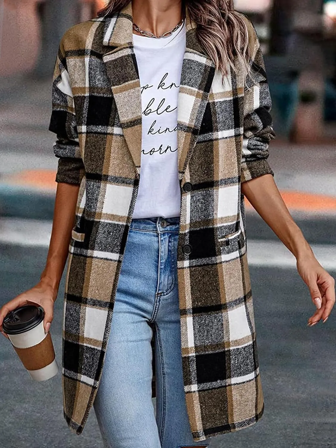 ebossy Women's Fall Casual Plaid Shacket Jacket Plus Size Notch Lapel Long Sleeve Button Up Trench Coat