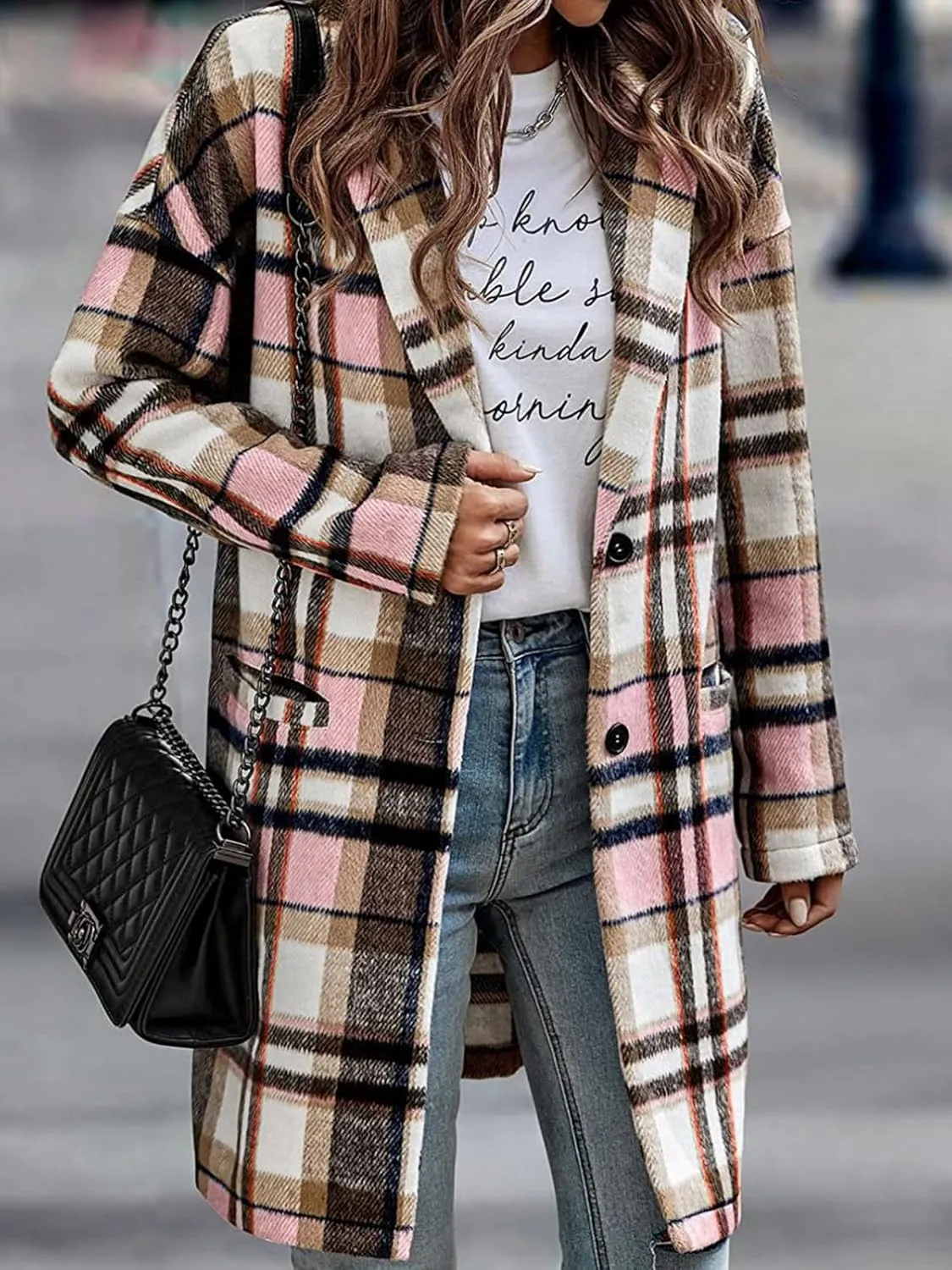 ebossy Women's Fall Casual Plaid Shacket Jacket Plus Size Notch Lapel Long Sleeve Button Up Trench Coat