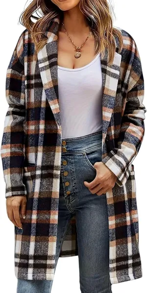 ebossy Women's Fall Casual Plaid Shacket Jacket Plus Size Notch Lapel Long Sleeve Button Up Trench Coat